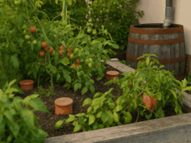 Carré potager arrosé par des oyas enterrées, avec un récupérateur d'eau de pluie à côté : arrosage automatique potager sans électricité