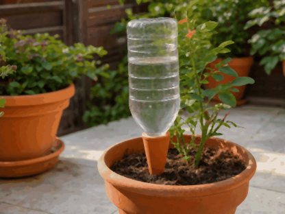 Bouteille en plastique retournée sur un cône en terre cuite, plantée dans un pot sur une terrasse : arrosage bouteille