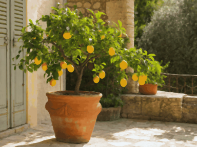 Citronnier chargé de citrons dans un grand pot en terre cuite sur une terrasse ensoleillée