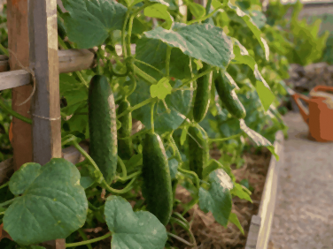 Pieds de concombre grimpant sur un treillis en bois, concombres verts suspendus, arrosage au pied dans le potager