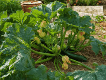 Pied de courgette aux grandes feuilles, fleurs jaunes et courgettes vertes sur un paillage de paille