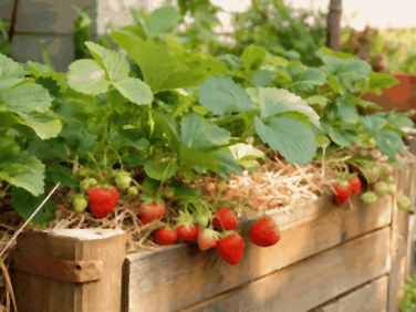 Fraisiers chargés de fraises rouges dans une jardinière paillée, prêts pour l'arrosage au pied