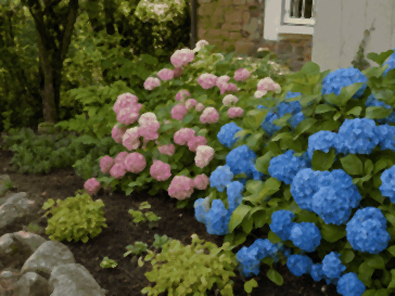 Hortensias bleus et roses à l'ombre, sol frais au pied pour un bon arrosage