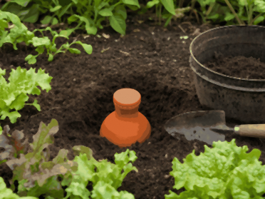 Oya en terre cuite posée dans un trou fraîchement creusé au potager, avant d'installer une oya entre de jeunes salades