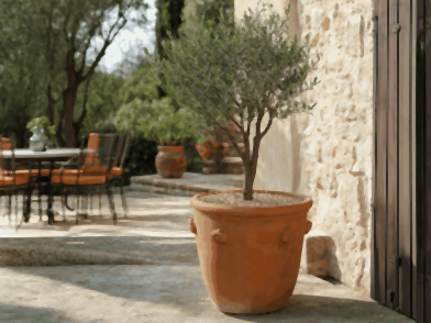 Jeune olivier en pot de terre cuite sur une terrasse provençale, terreau couvert de graviers