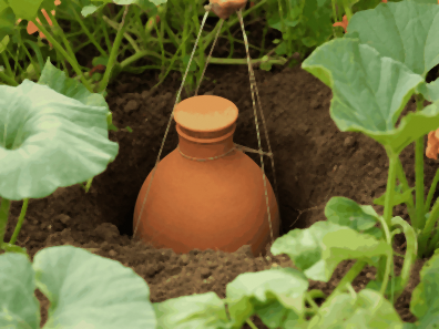 Grande oya de 20 litres en terre cuite descendue dans un large trou, au milieu d'un potager de courges