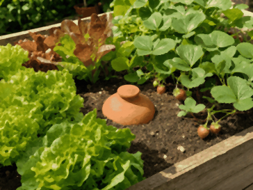 Couvercle d'une oya de 3 litres dans un bac potager en bois, entre des salades et des fraisiers