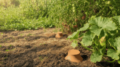 Oyas enterrées jusqu'au col entre des tomates et des courgettes, couvercle posé, pour choisir la bonne taille d'oya