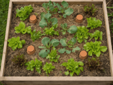 Carré potager vu de dessus avec quatre oyas espacées régulièrement entre les jeunes légumes et la paille