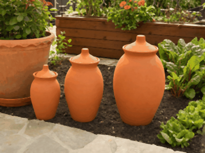 Trois oyas de petite, moyenne et grande taille à côté d'un pot, d'une jardinière et d'un carré potager
