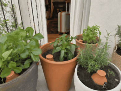 Plantes en pot regroupées à l'ombre d'un balcon avec une oya et un cône d'arrosage dans la terre avant les vacances