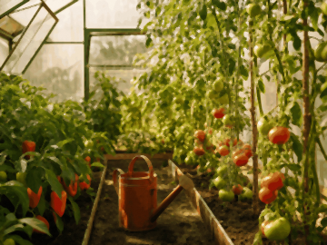Arrosage en serre : plants de tomates et de poivrons en planches, arrosoir posé dans l'allée, lumière chaude